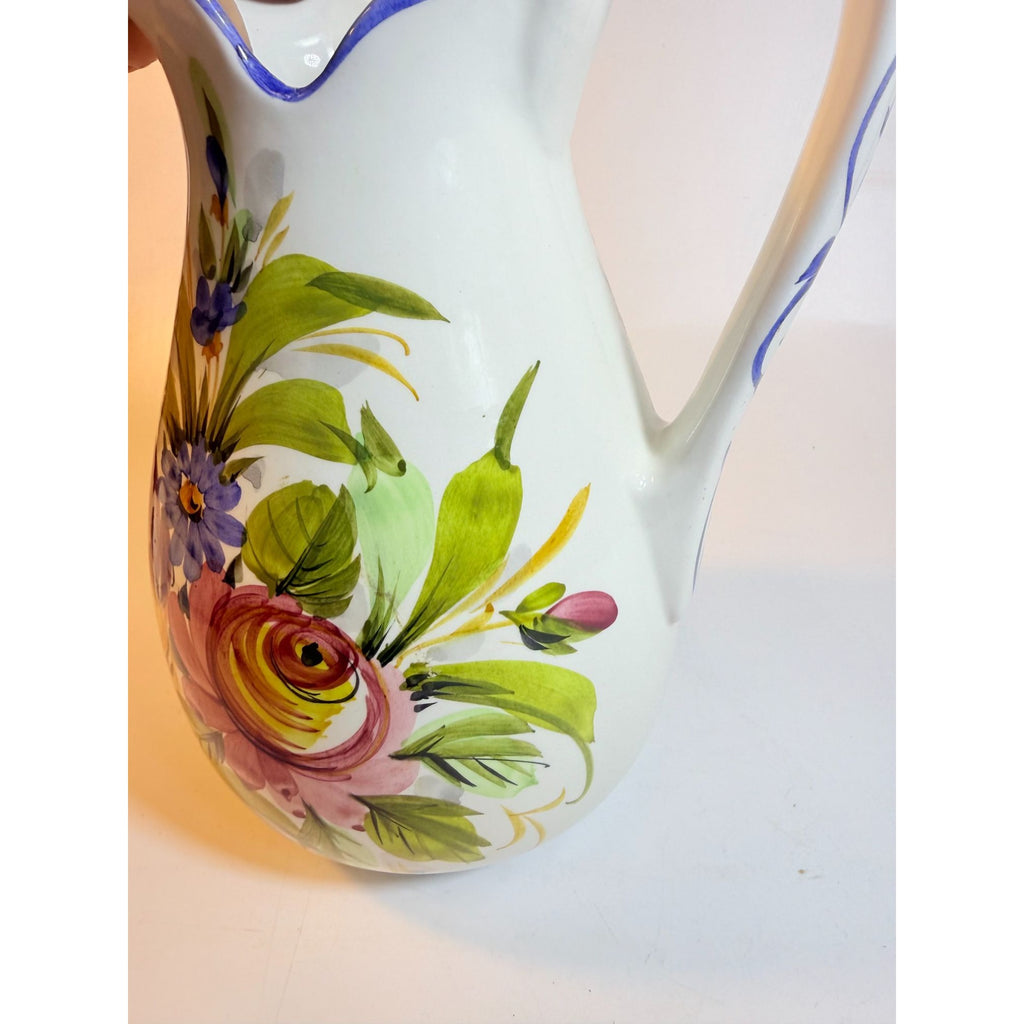 Art Pottery Jug Water Pitcher Large Italian Florentina Florentine Capodimente  Hand Painted Flowers Itay Floral Design Grand Millennial Vase