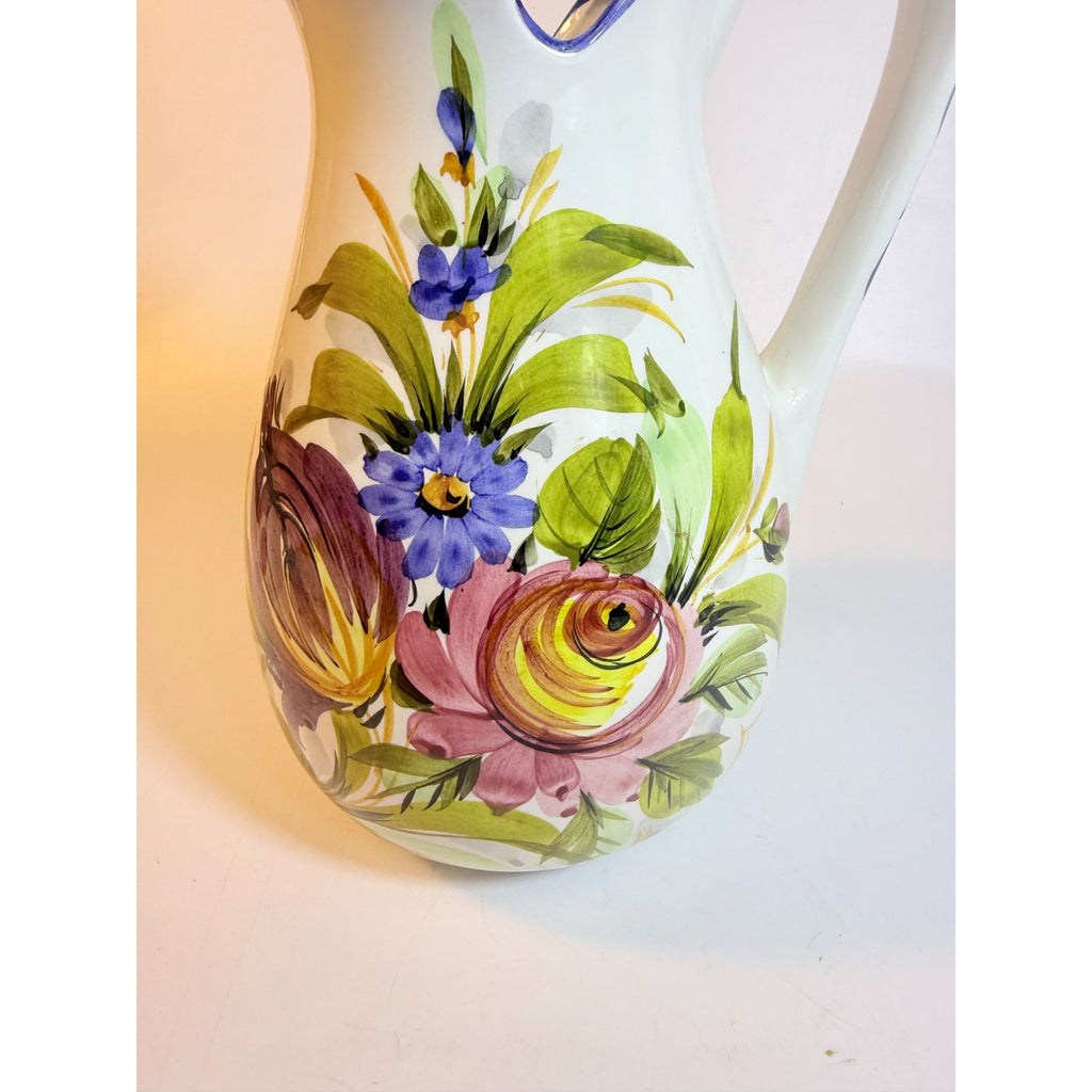 Art Pottery Jug Water Pitcher Large Italian Florentina Florentine Capodimente  Hand Painted Flowers Itay Floral Design Grand Millennial Vase