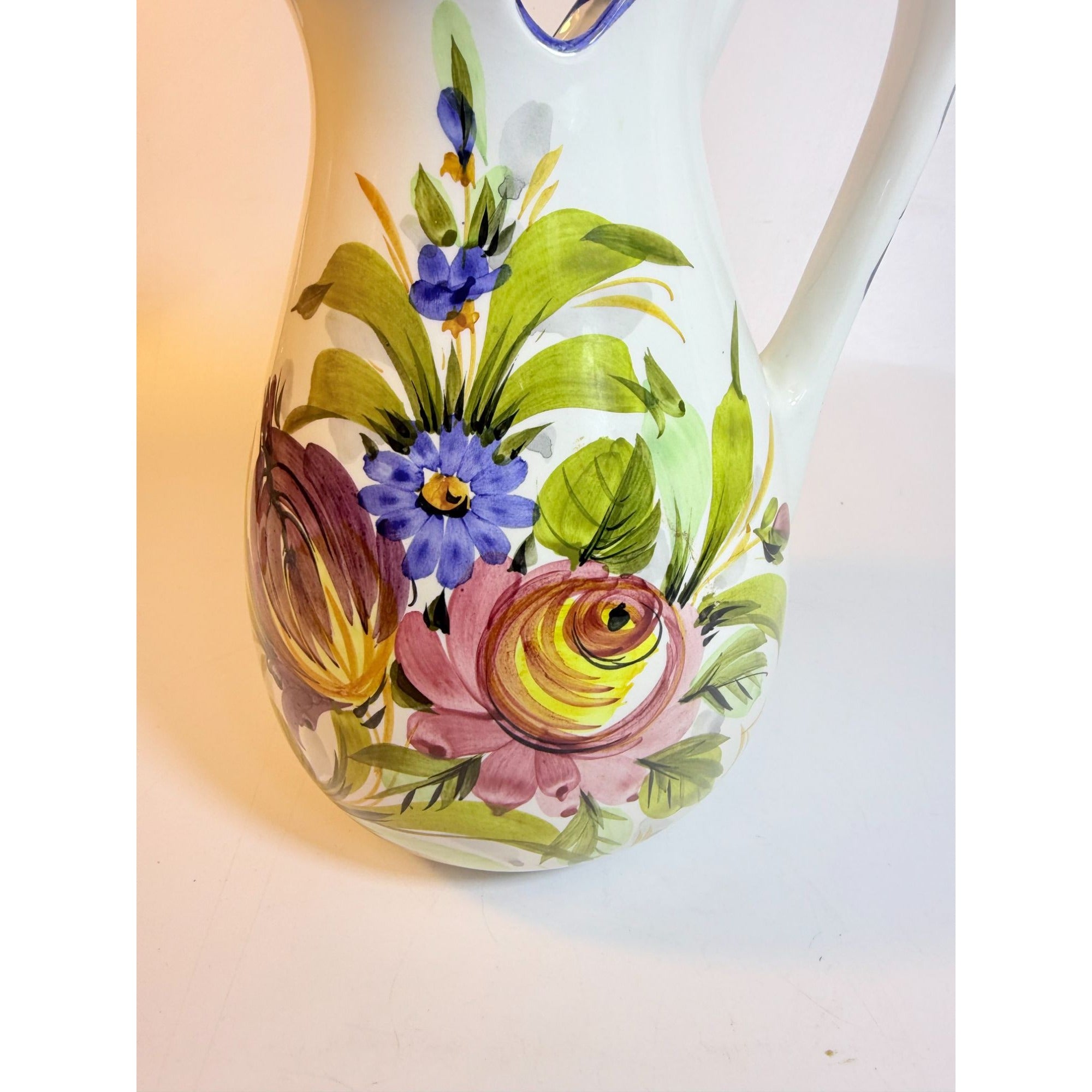 Art Pottery Jug Water Pitcher Large Italian Florentina Florentine Capodimente  Hand Painted Flowers Itay Floral Design Grand Millennial Vase