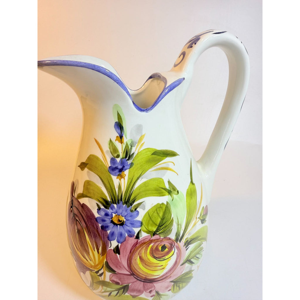 Art Pottery Jug Water Pitcher Large Italian Florentina Florentine Capodimente  Hand Painted Flowers Itay Floral Design Grand Millennial Vase