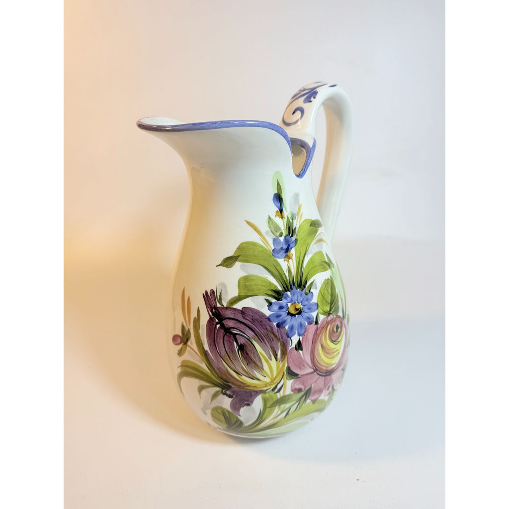 Art Pottery Jug Water Pitcher Large Italian Florentina Florentine Capodimente  Hand Painted Flowers Itay Floral Design Grand Millennial Vase