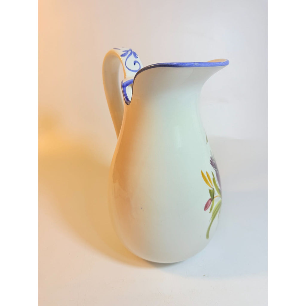 Art Pottery Jug Water Pitcher Large Italian Florentina Florentine Capodimente  Hand Painted Flowers Itay Floral Design Grand Millennial Vase