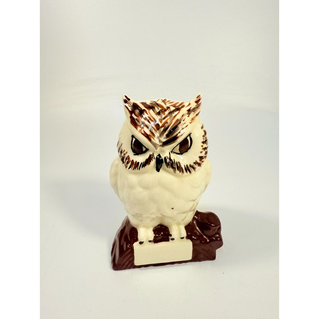 Owl Figurine Handpainted on perch log Byron Ceramic Statue Vintage Mid Century Retro Collectible Art White Brown
