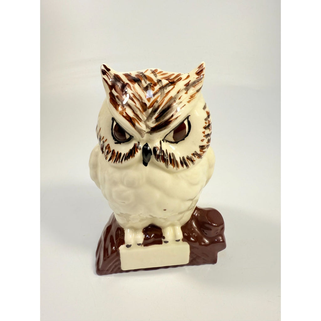 Owl Figurine Handpainted on perch log Byron Ceramic Statue Vintage Mid Century Retro Collectible Art White Brown