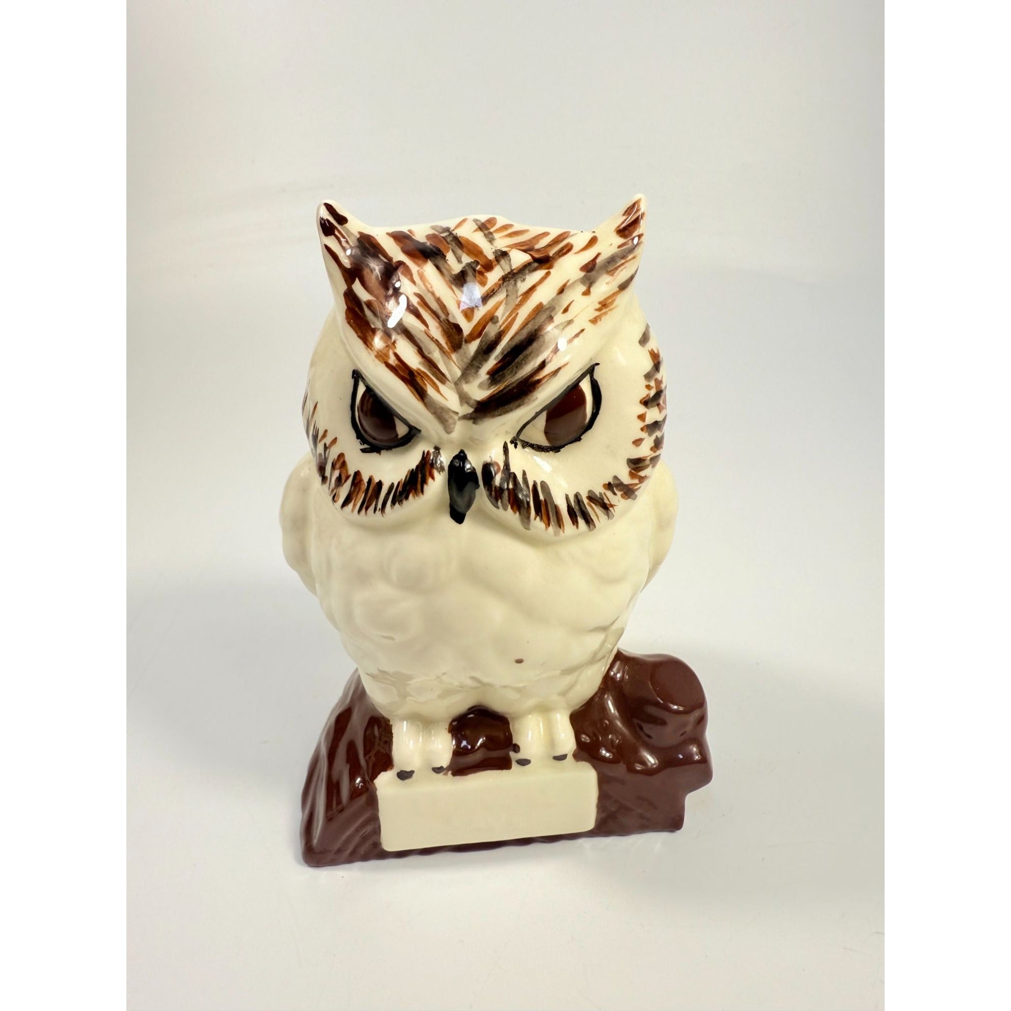 Owl Figurine Handpainted on perch log Byron Ceramic Statue Vintage Mid Century Retro Collectible Art White Brown