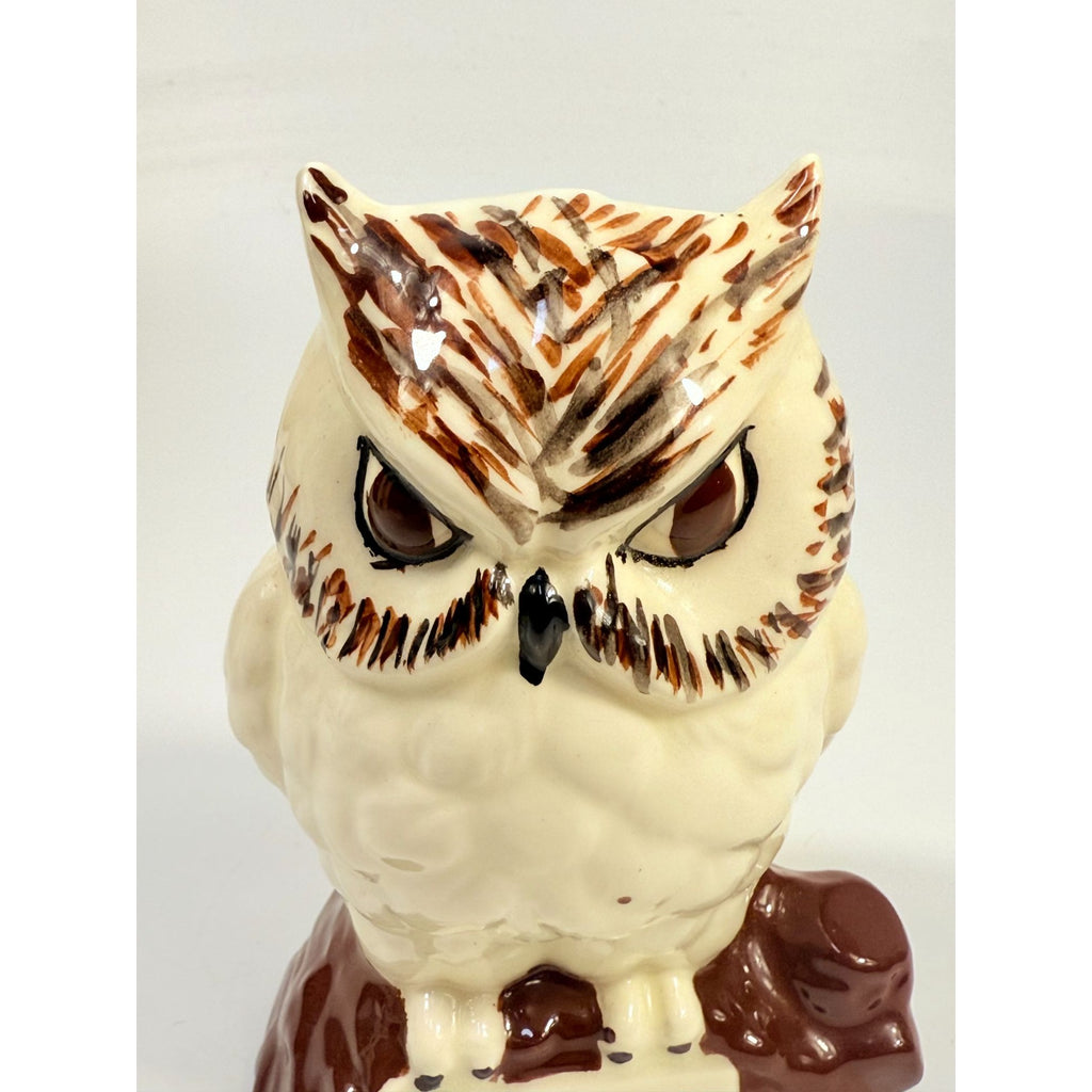 Owl Figurine Handpainted on perch log Byron Ceramic Statue Vintage Mid Century Retro Collectible Art White Brown