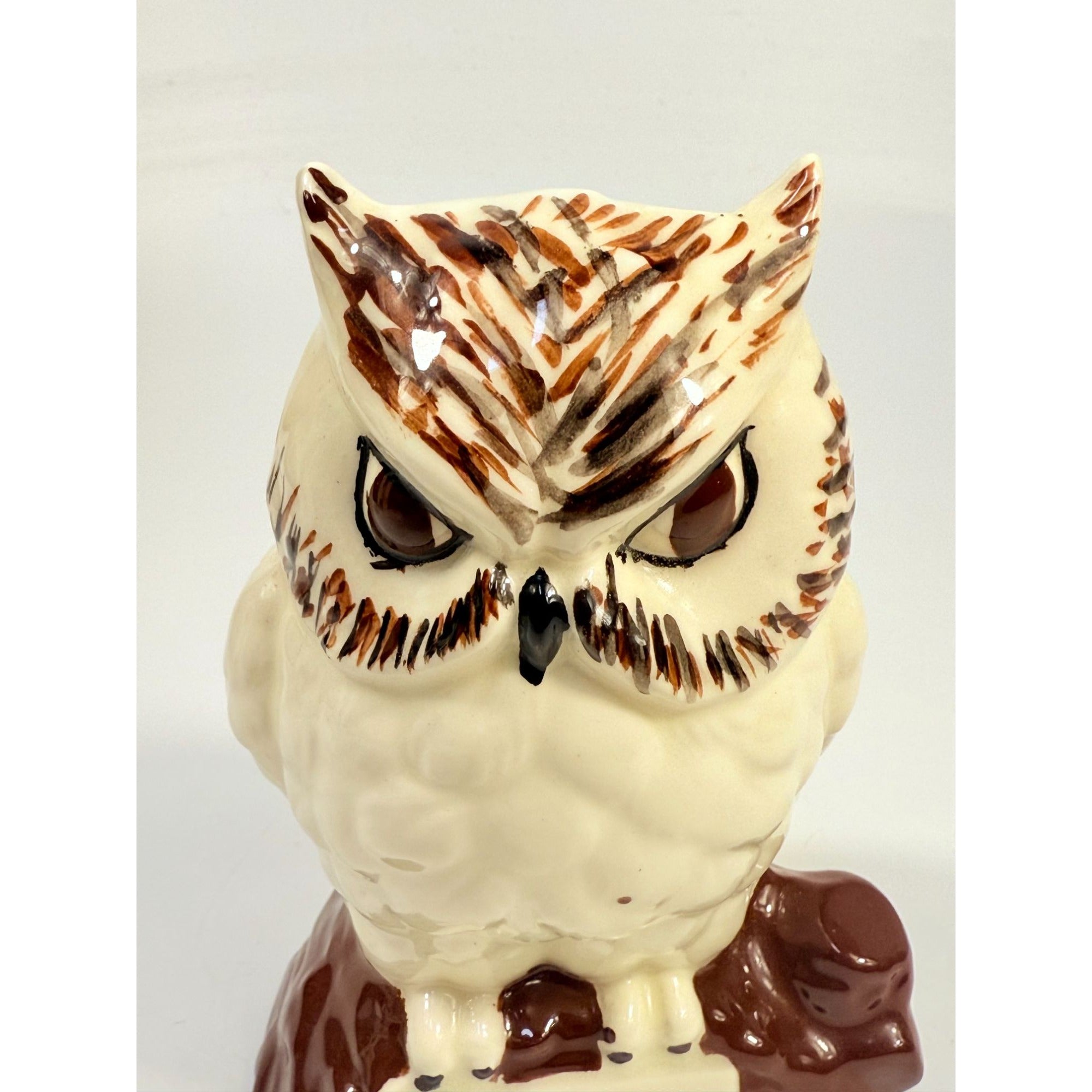 Owl Figurine Handpainted on perch log Byron Ceramic Statue Vintage Mid Century Retro Collectible Art White Brown