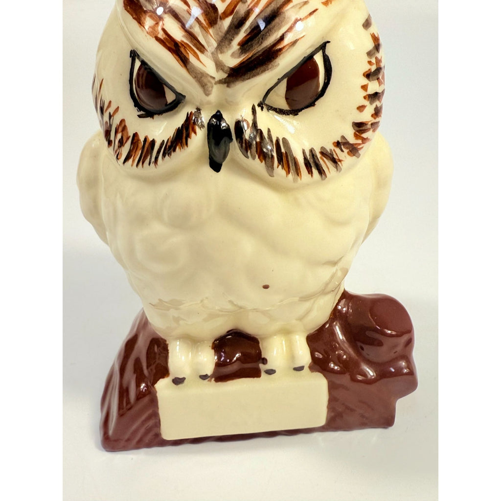 Owl Figurine Handpainted on perch log Byron Ceramic Statue Vintage Mid Century Retro Collectible Art White Brown