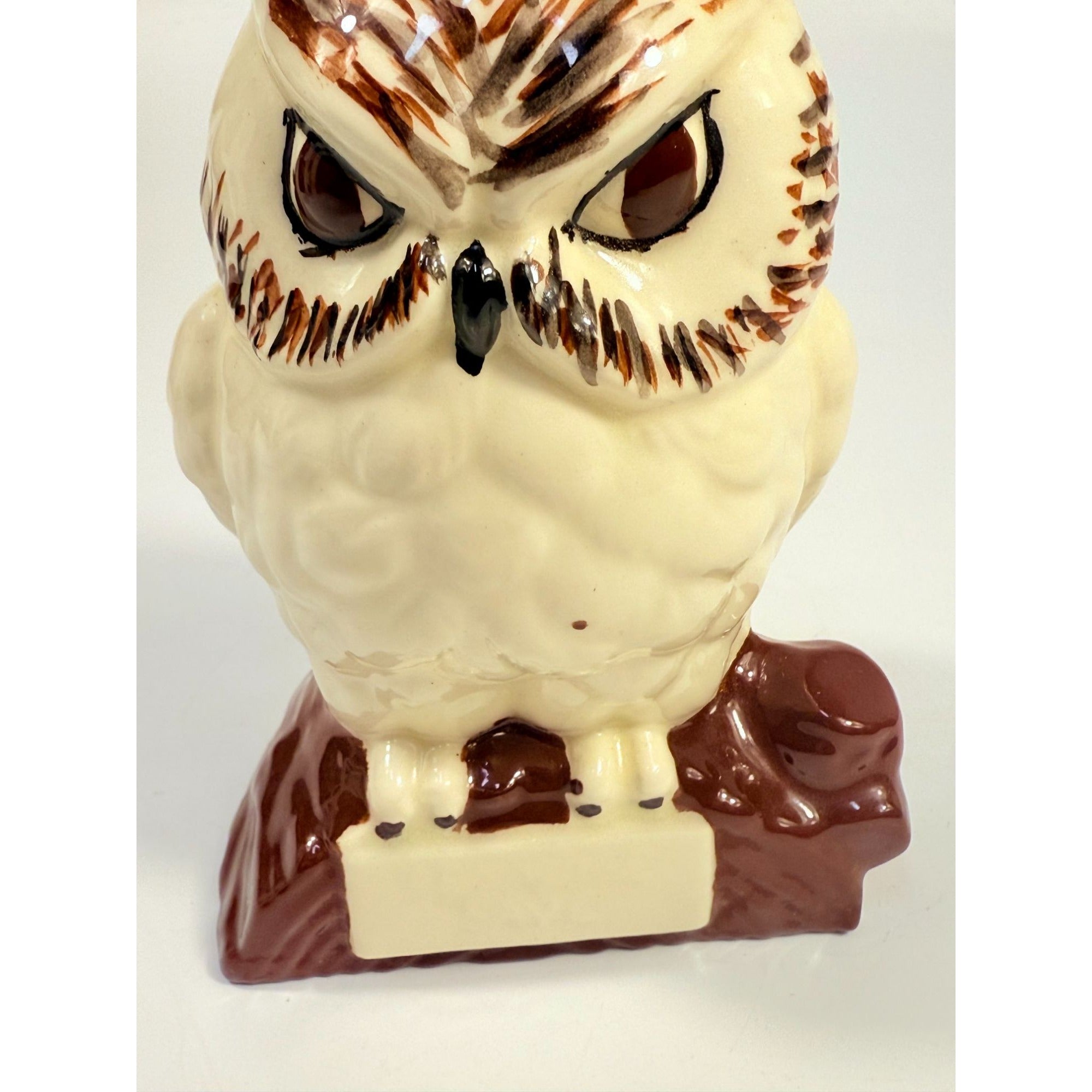 Owl Figurine Handpainted on perch log Byron Ceramic Statue Vintage Mid Century Retro Collectible Art White Brown