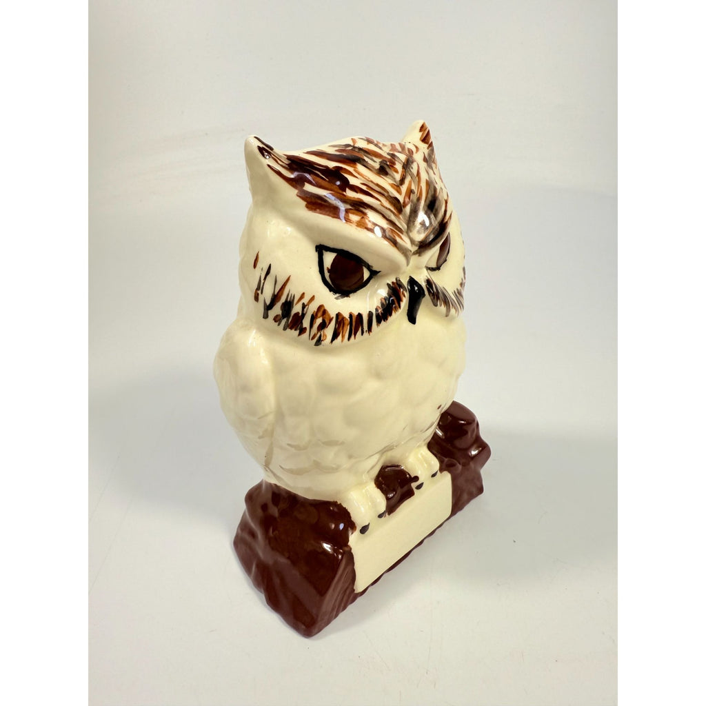 Owl Figurine Handpainted on perch log Byron Ceramic Statue Vintage Mid Century Retro Collectible Art White Brown