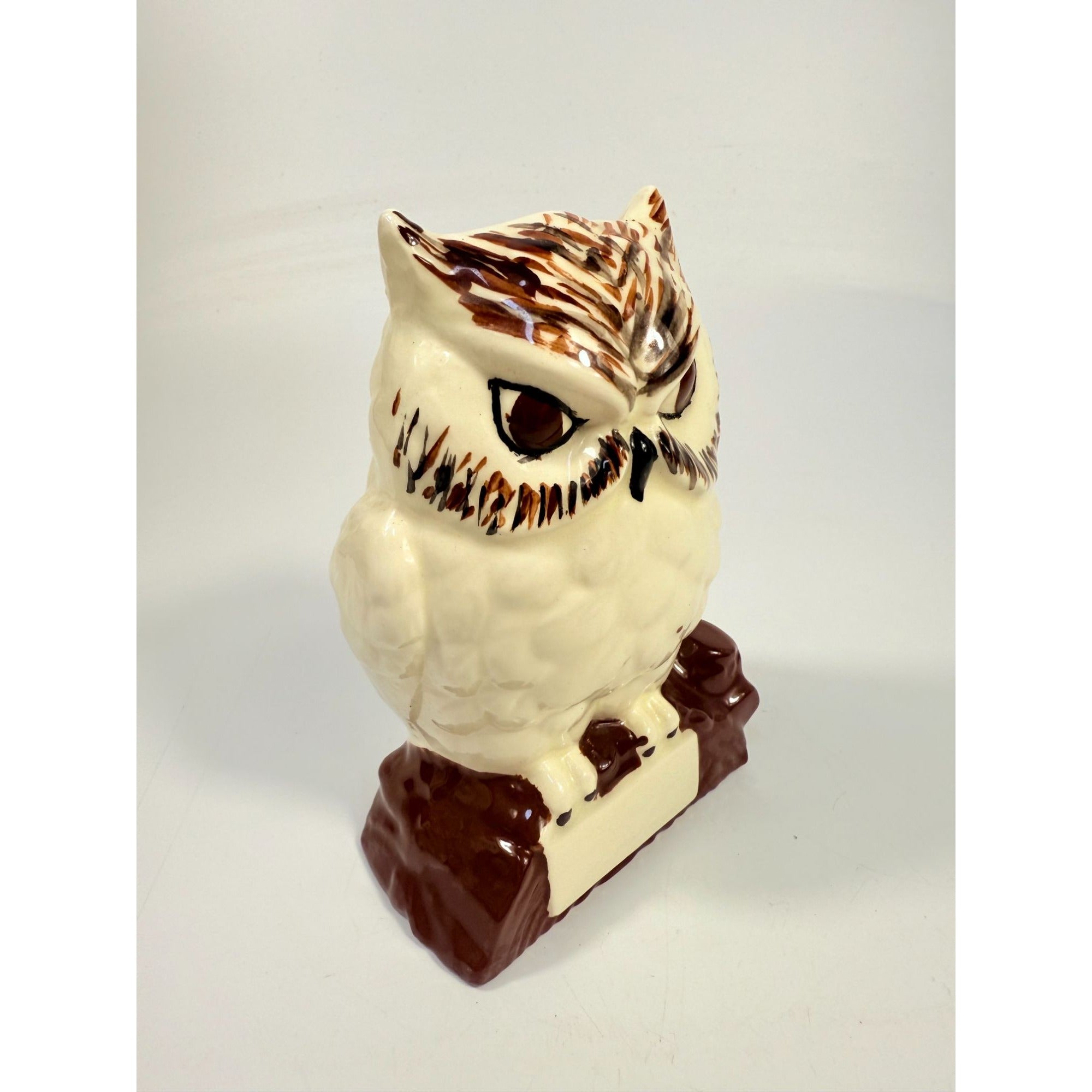 Owl Figurine Handpainted on perch log Byron Ceramic Statue Vintage Mid Century Retro Collectible Art White Brown