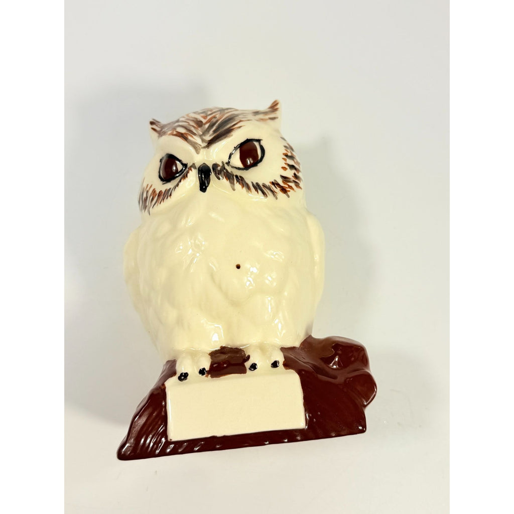 Owl Figurine Handpainted on perch log Byron Ceramic Statue Vintage Mid Century Retro Collectible Art White Brown