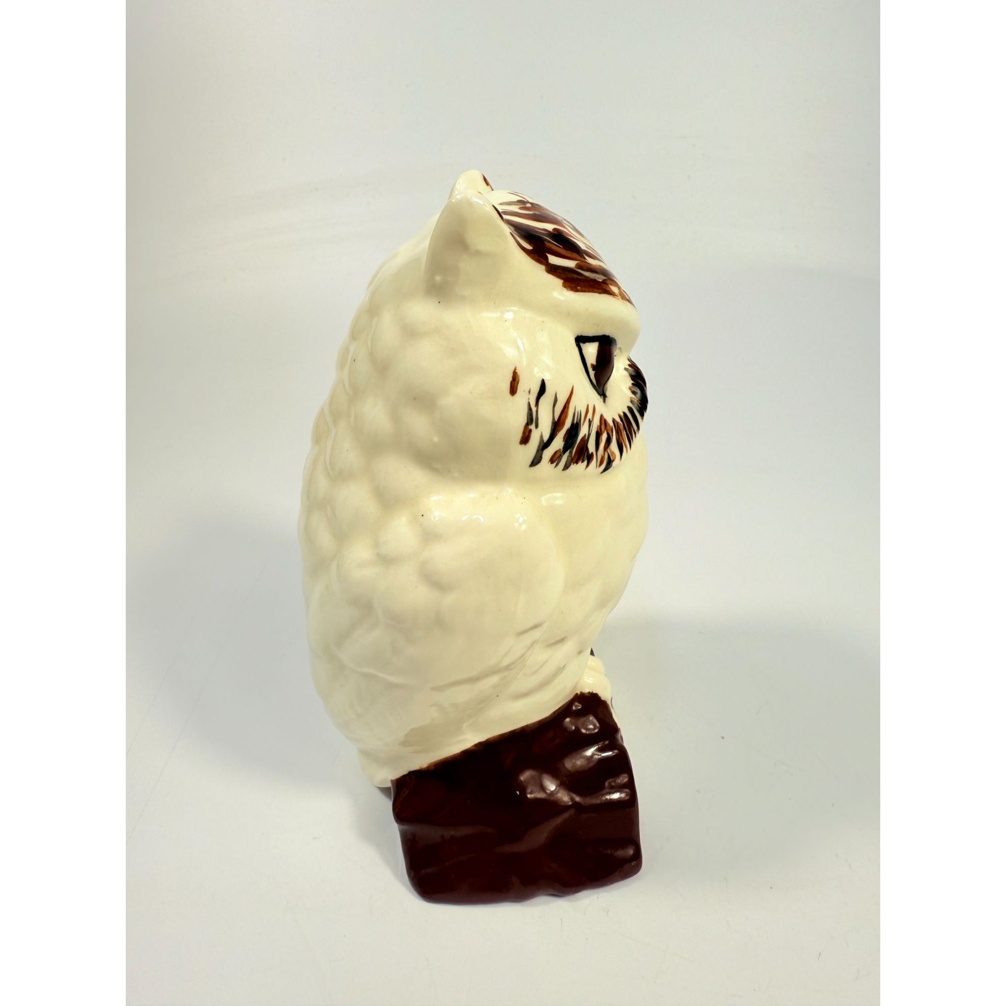 Owl Figurine Handpainted on perch log Byron Ceramic Statue Vintage Mid Century Retro Collectible Art White Brown