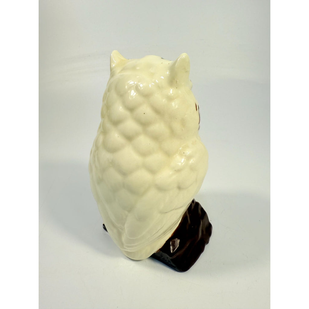 Owl Figurine Handpainted on perch log Byron Ceramic Statue Vintage Mid Century Retro Collectible Art White Brown