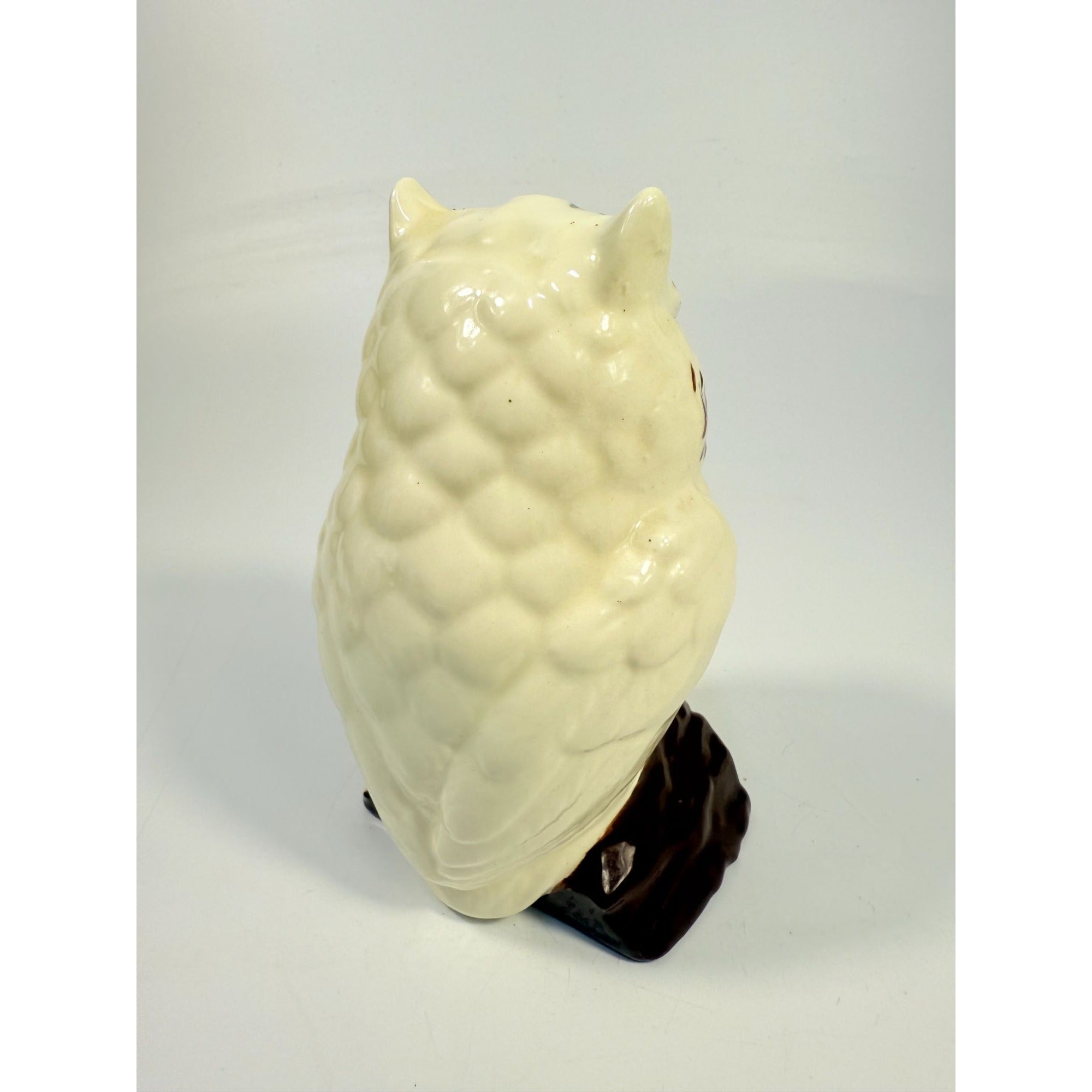 Owl Figurine Handpainted on perch log Byron Ceramic Statue Vintage Mid Century Retro Collectible Art White Brown