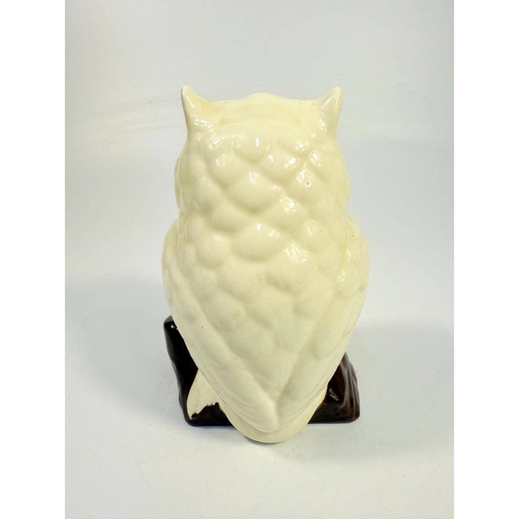 Owl Figurine Handpainted on perch log Byron Ceramic Statue Vintage Mid Century Retro Collectible Art White Brown