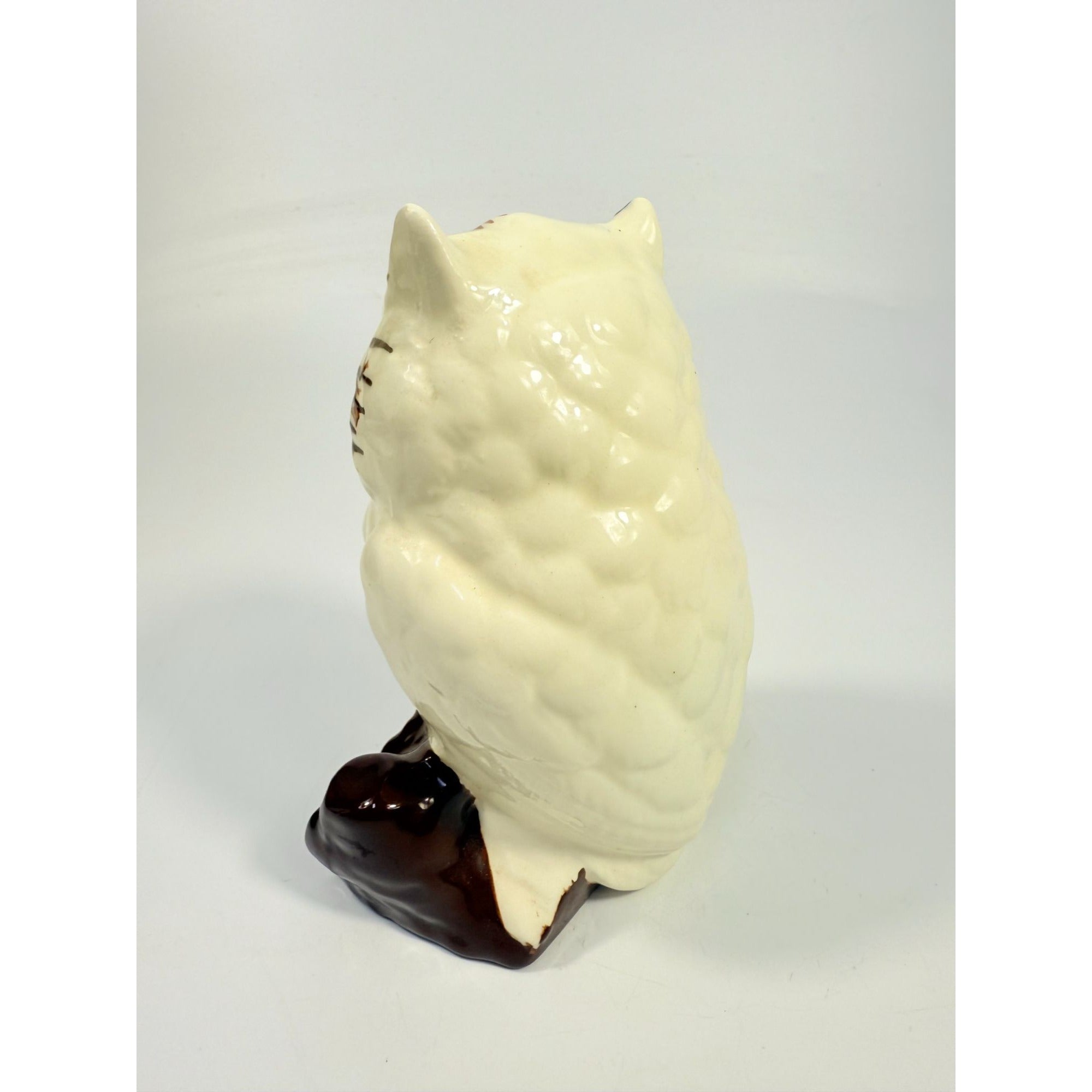 Owl Figurine Handpainted on perch log Byron Ceramic Statue Vintage Mid Century Retro Collectible Art White Brown
