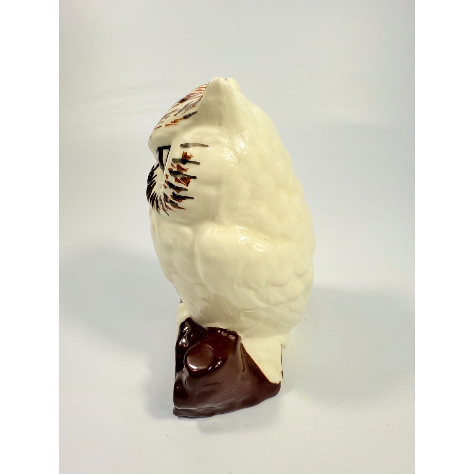 Owl Figurine Handpainted on perch log Byron Ceramic Statue Vintage Mid Century Retro Collectible Art White Brown