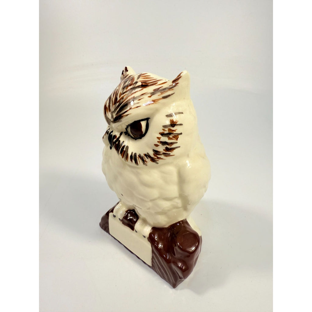 Owl Figurine Handpainted on perch log Byron Ceramic Statue Vintage Mid Century Retro Collectible Art White Brown