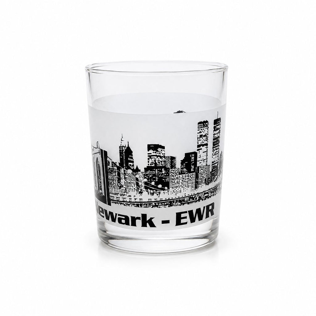 Old Fashioned Rocks Glass Newark EWR Airport Code Cityscape Frosted Middle Vintage Mid Century Skyline Barware Drinkware Rare