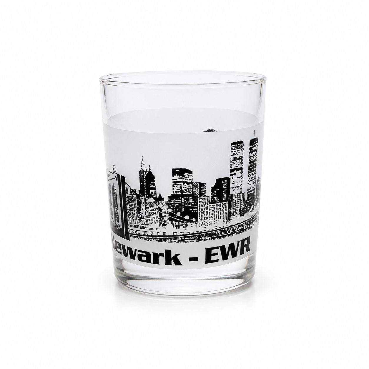 Old Fashioned Rocks Glass Newark EWR Airport Code Cityscape Frosted Middle Vintage Mid Century Skyline Barware Drinkware Rare