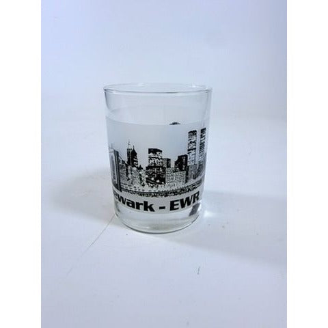 Old Fashioned Rocks Glass Newark EWR Airport Code Cityscape Frosted Middle Vintage Mid Century Skyline Barware Drinkware Rare