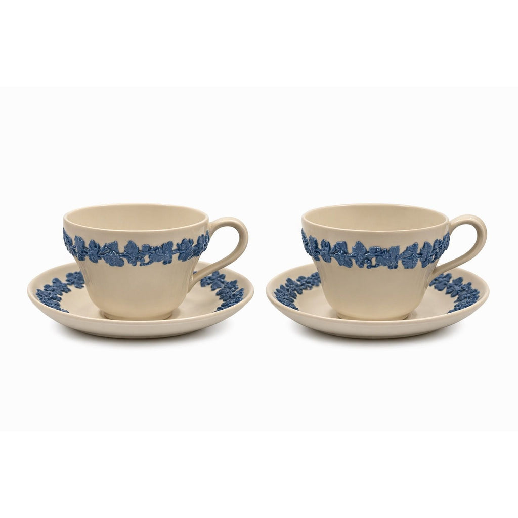 Cup and Saucer Tea Coffee Wedgwood Set Pair 2 Etruria & Barlaston Embossed Queensware White Blue Vintage Replacement China Grandmillennial