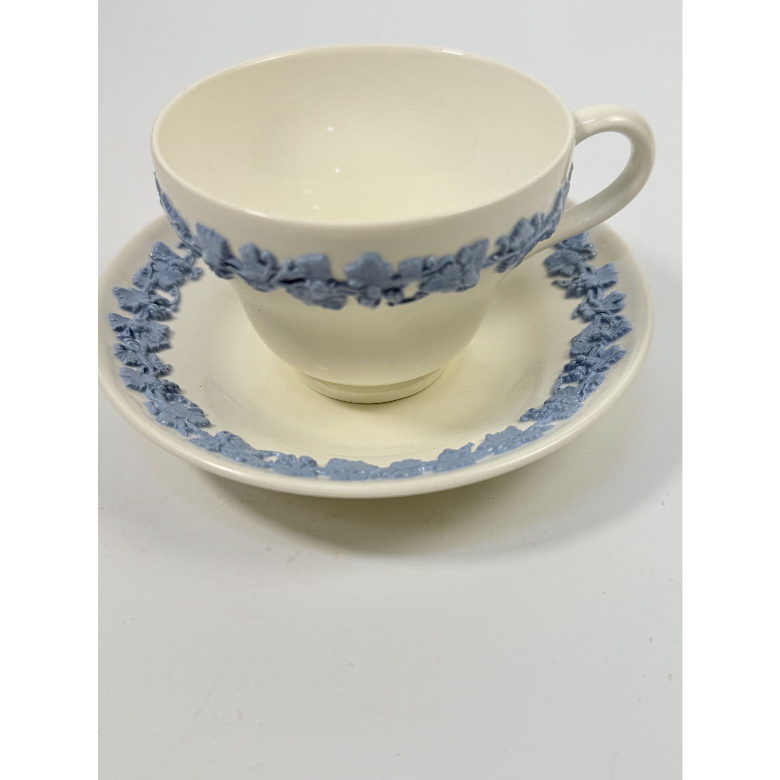 Cup and Saucer Tea Coffee Wedgwood Set Pair 2 Etruria & Barlaston Embossed Queensware White Blue Vintage Replacement China Grandmillennial