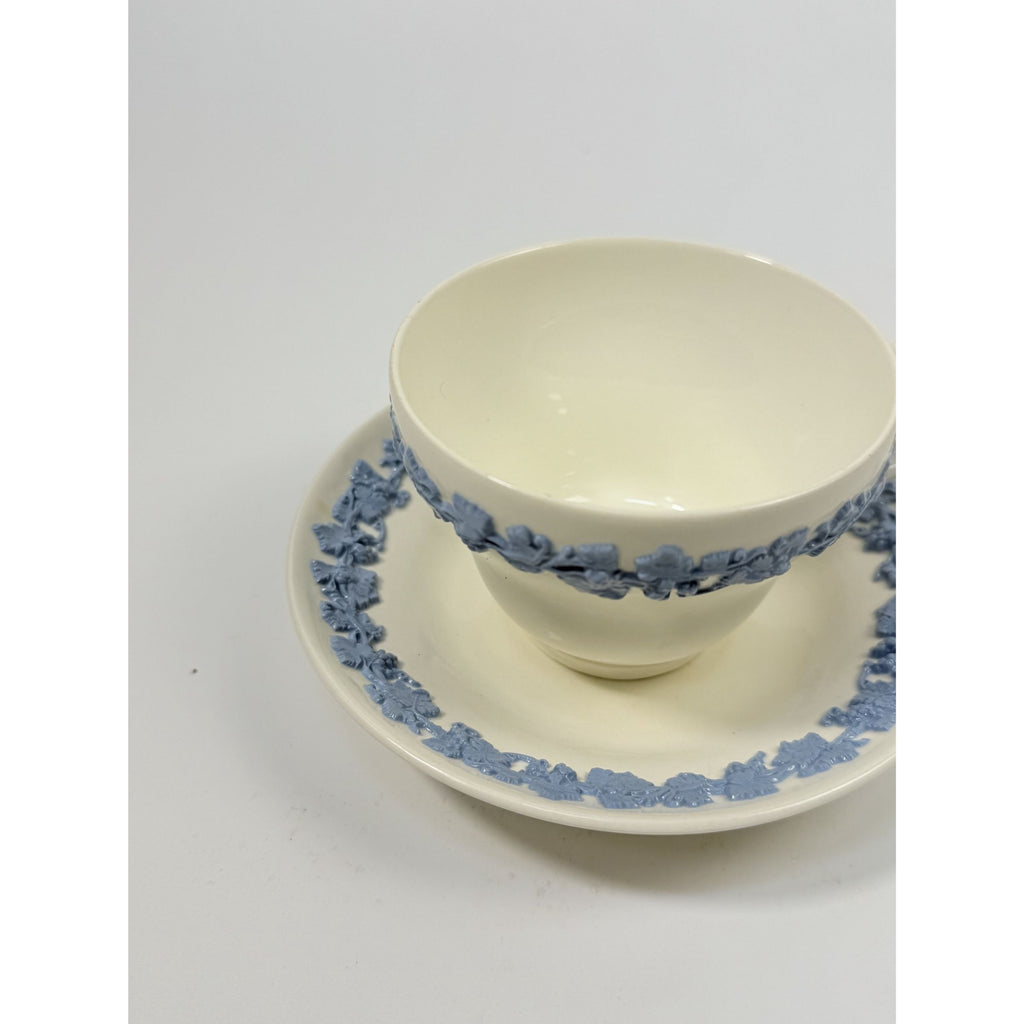 Cup and Saucer Tea Coffee Wedgwood Set Pair 2 Etruria & Barlaston Embossed Queensware White Blue Vintage Replacement China Grandmillennial