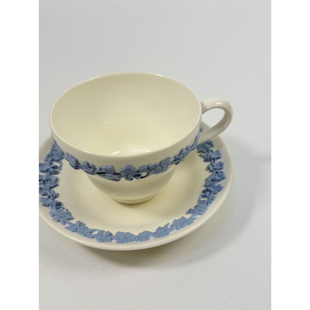 Cup and Saucer Tea Coffee Wedgwood Set Pair 2 Etruria & Barlaston Embossed Queensware White Blue Vintage Replacement China Grandmillennial