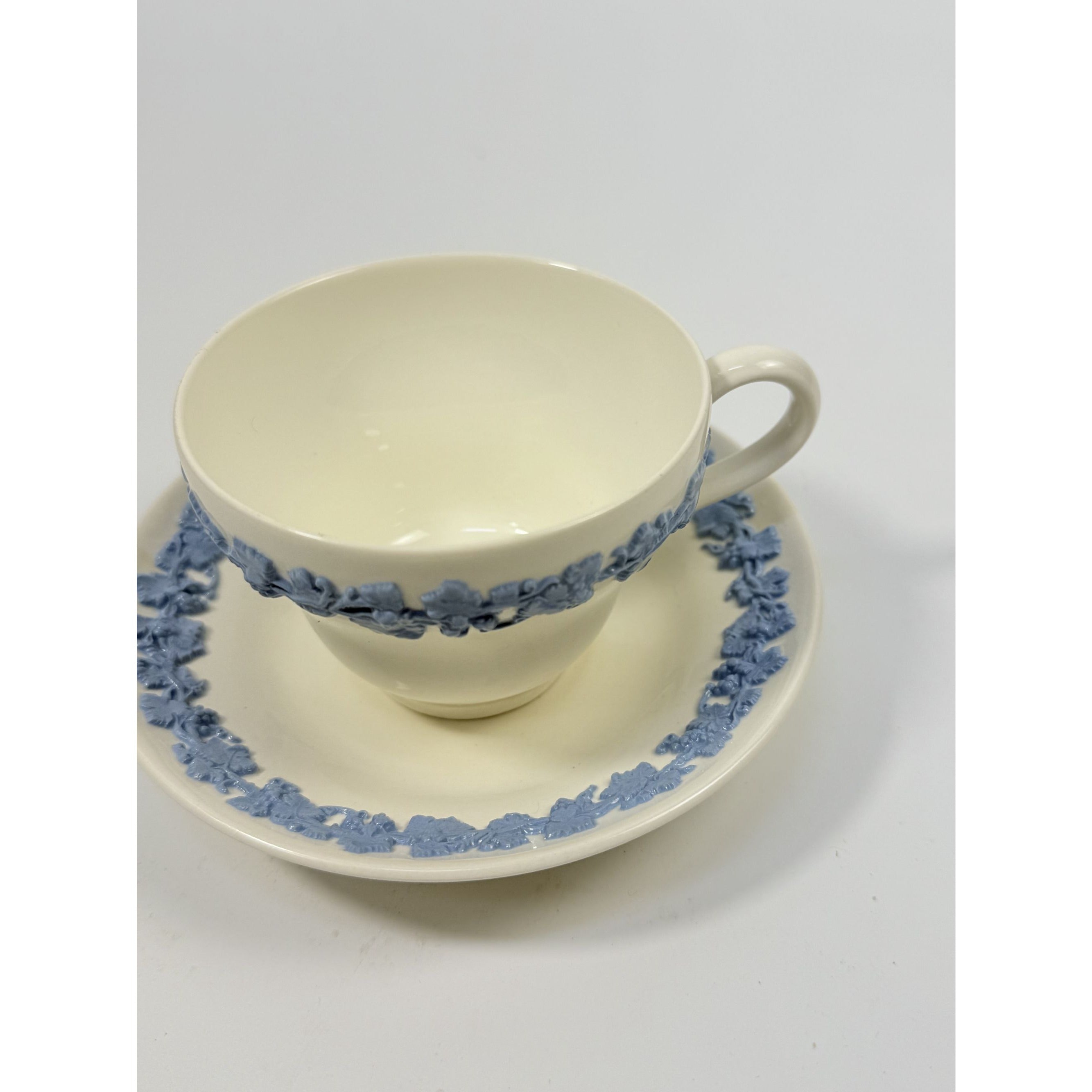 Cup and Saucer Tea Coffee Wedgwood Set Pair 2 Etruria & Barlaston Embossed Queensware White Blue Vintage Replacement China Grandmillennial