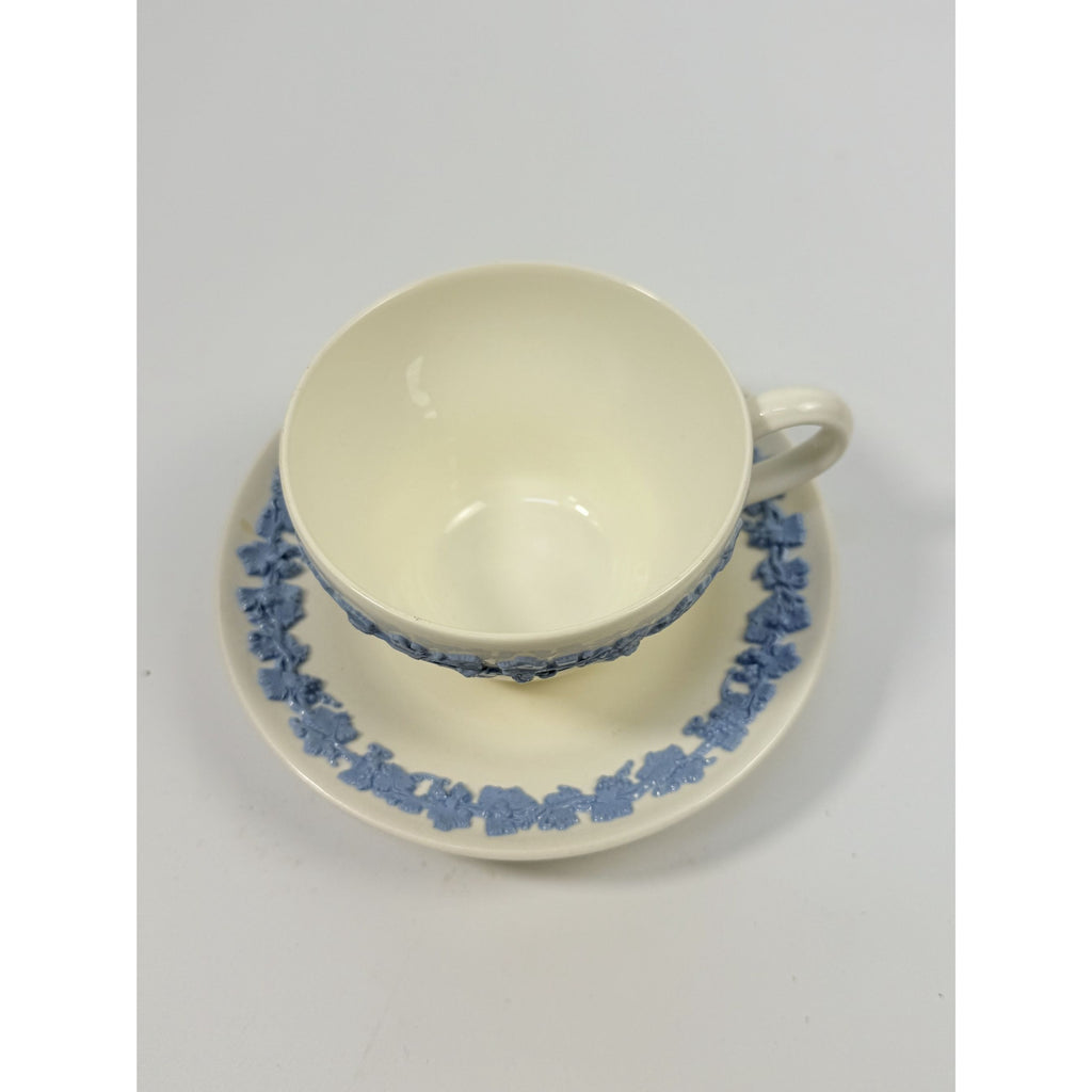 Cup and Saucer Tea Coffee Wedgwood Set Pair 2 Etruria & Barlaston Embossed Queensware White Blue Vintage Replacement China Grandmillennial