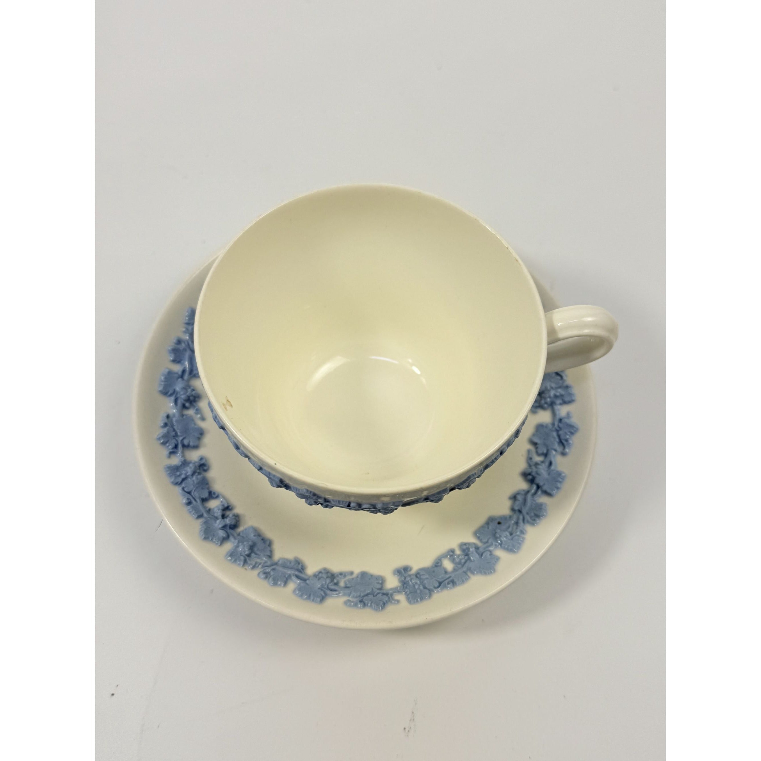 Cup and Saucer Tea Coffee Wedgwood Set Pair 2 Etruria & Barlaston Embossed Queensware White Blue Vintage Replacement China Grandmillennial