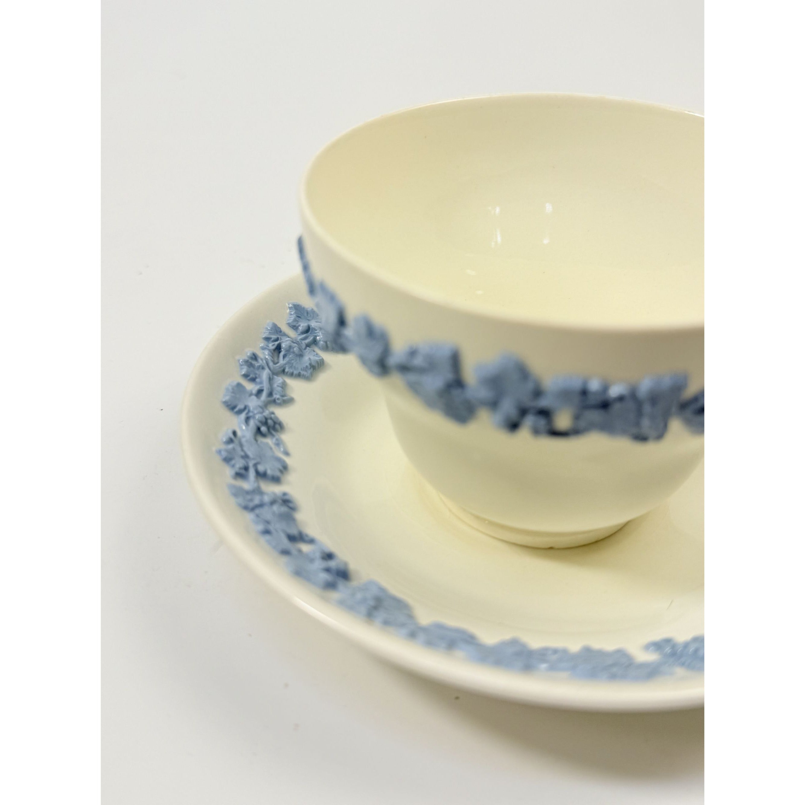 Cup and Saucer Tea Coffee Wedgwood Set Pair 2 Etruria & Barlaston Embossed Queensware White Blue Vintage Replacement China Grandmillennial