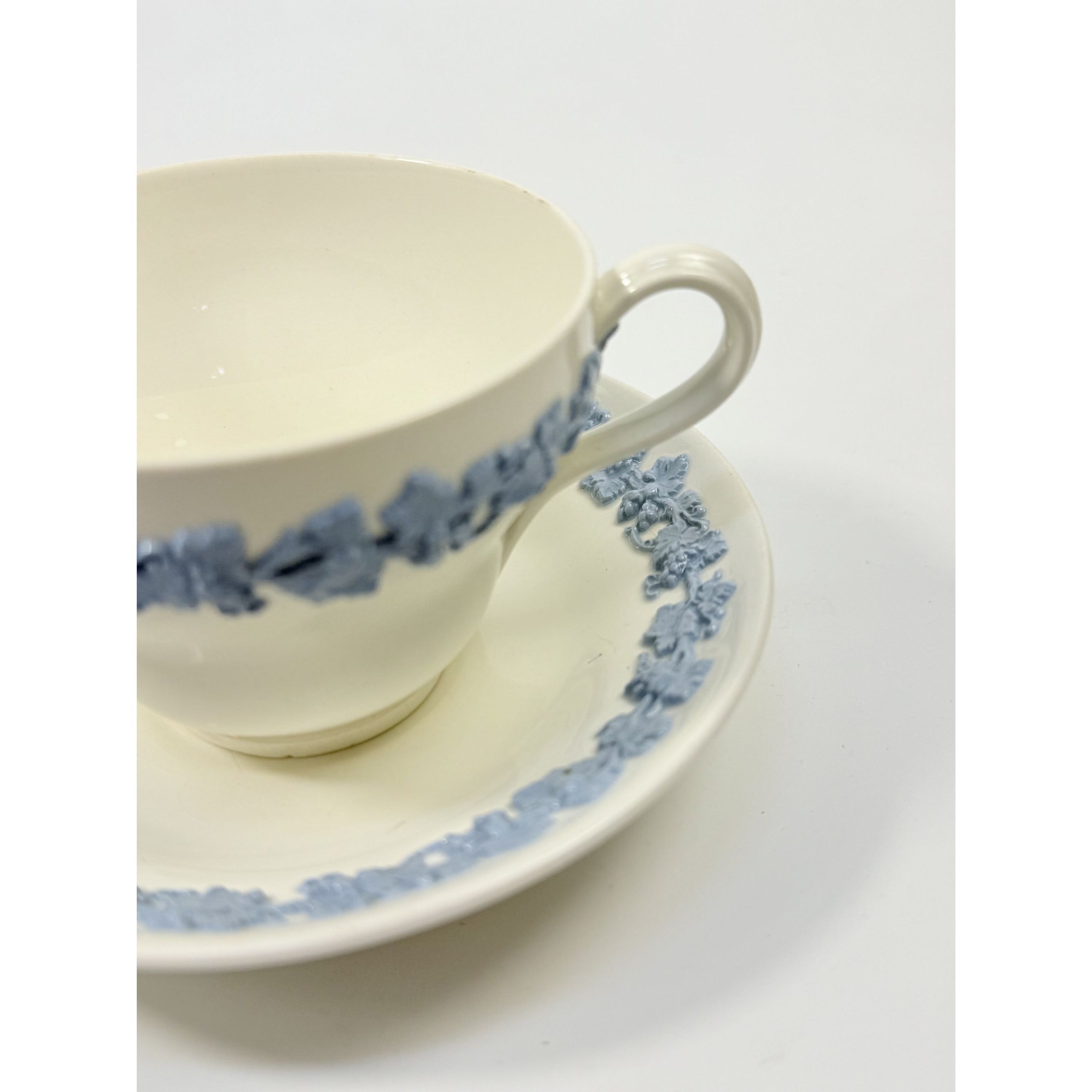 Cup and Saucer Tea Coffee Wedgwood Set Pair 2 Etruria & Barlaston Embossed Queensware White Blue Vintage Replacement China Grandmillennial