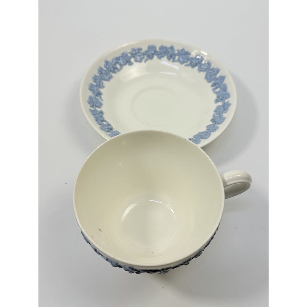 Cup and Saucer Tea Coffee Wedgwood Set Pair 2 Etruria & Barlaston Embossed Queensware White Blue Vintage Replacement China Grandmillennial