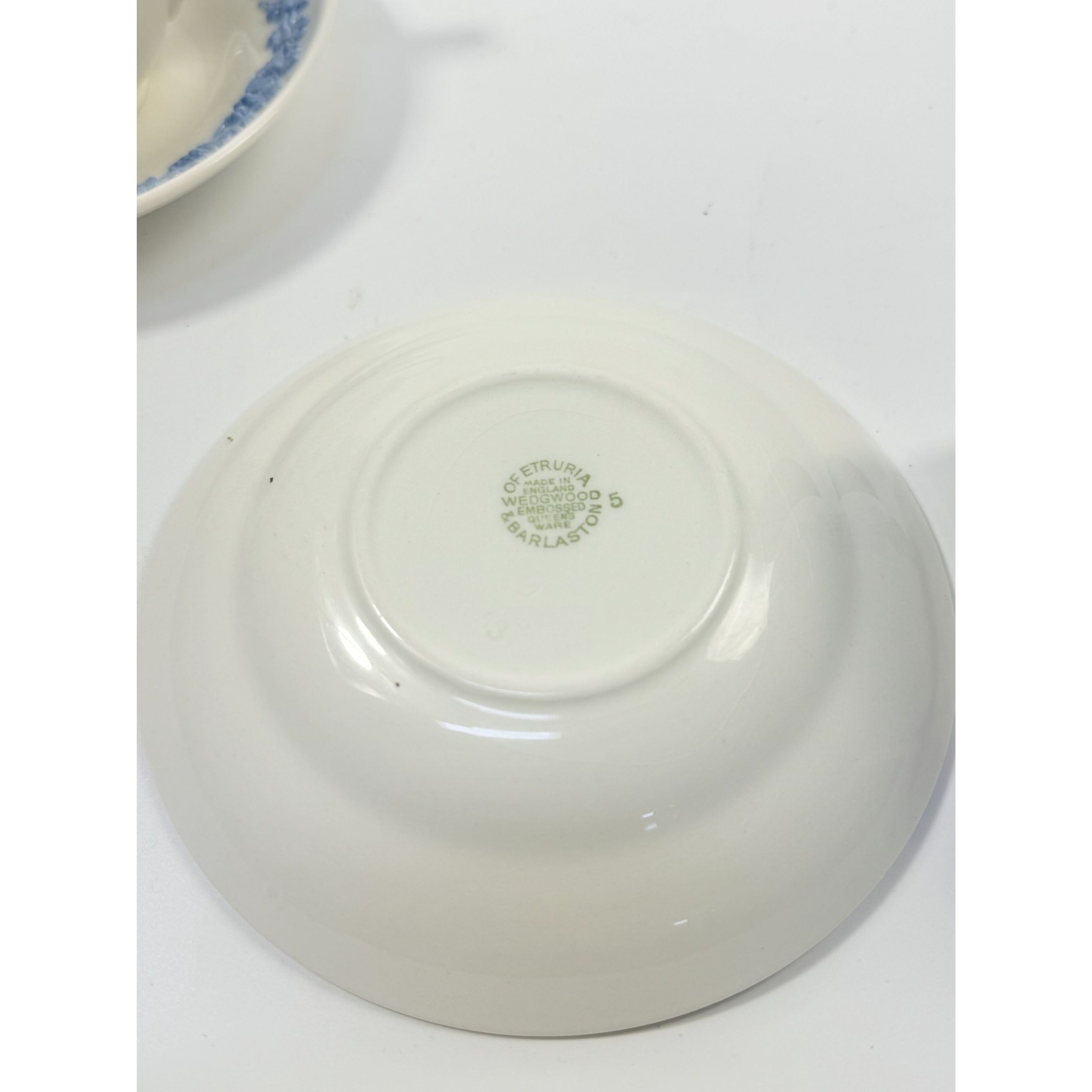 Cup and Saucer Tea Coffee Wedgwood Set Pair 2 Etruria & Barlaston Embossed Queensware White Blue Vintage Replacement China Grandmillennial