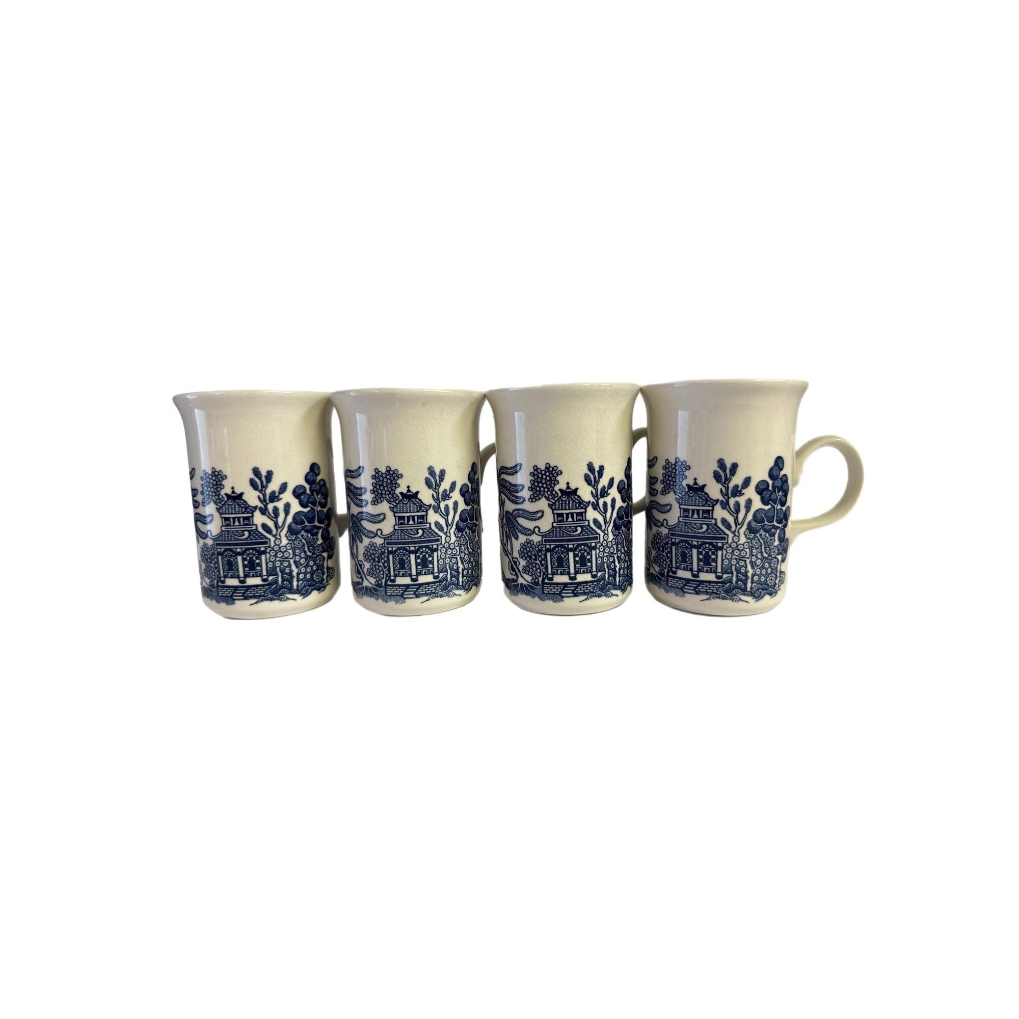 Coffee Mugs Cups  Willow English Ironstone Cups Set 4  Churchill Georgian Shape England C handle Grand Millennial Chinoiserie Breakfast
