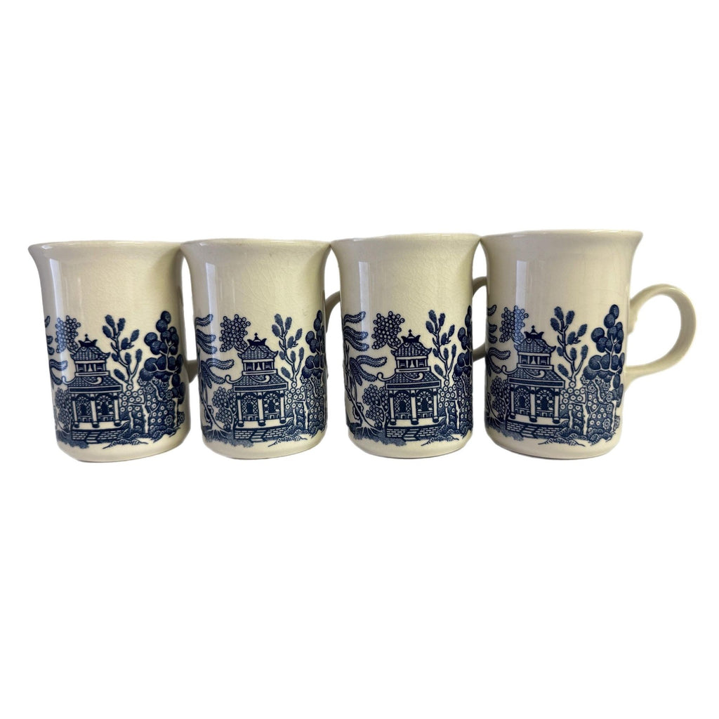 Coffee Mugs Cups  Willow English Ironstone Cups Set 4  Churchill Georgian Shape England C handle Grand Millennial Chinoiserie Breakfast