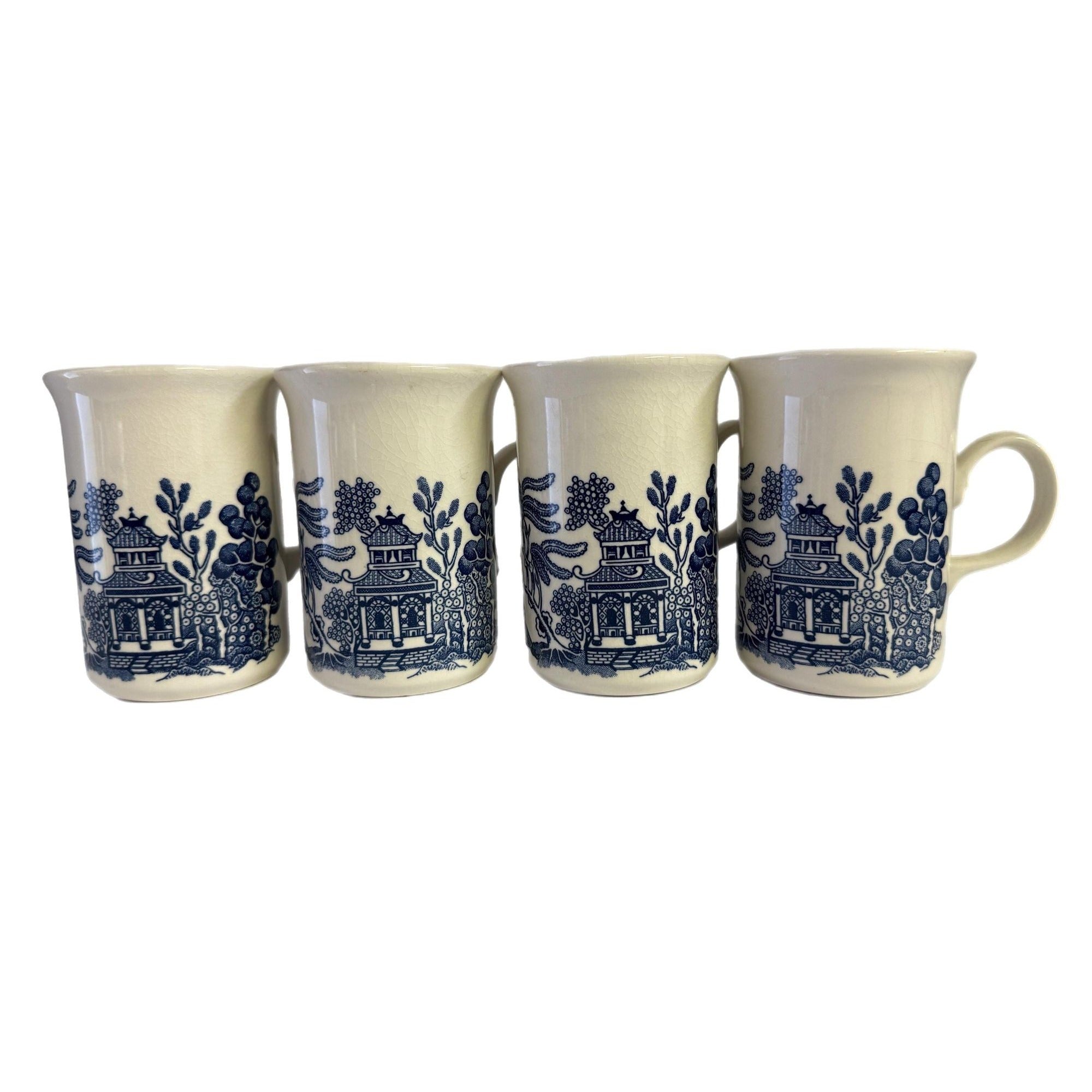 Coffee Mugs Cups  Willow English Ironstone Cups Set 4  Churchill Georgian Shape England C handle Grand Millennial Chinoiserie Breakfast