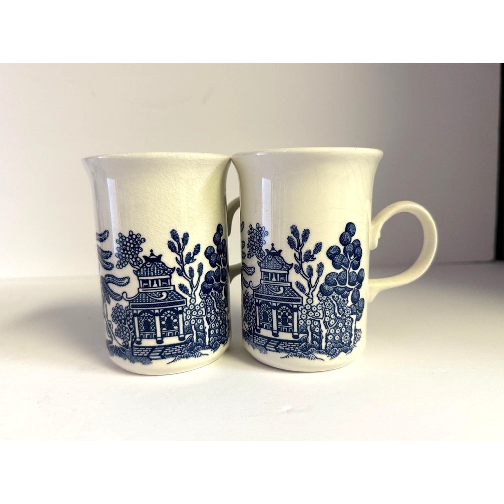 Coffee Mugs Cups  Willow English Ironstone Cups Set 4  Churchill Georgian Shape England C handle Grand Millennial Chinoiserie Breakfast