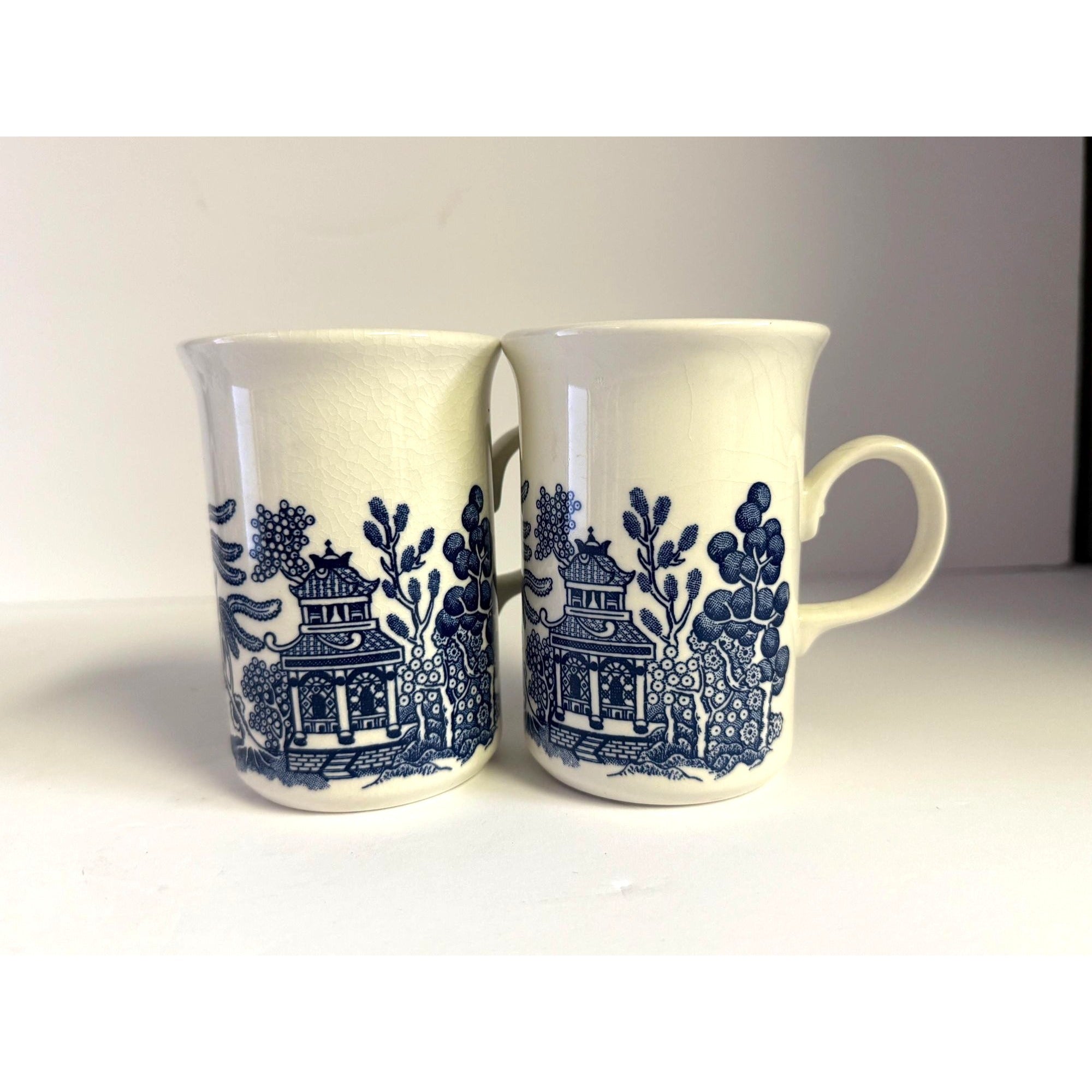 Coffee Mugs Cups  Willow English Ironstone Cups Set 4  Churchill Georgian Shape England C handle Grand Millennial Chinoiserie Breakfast
