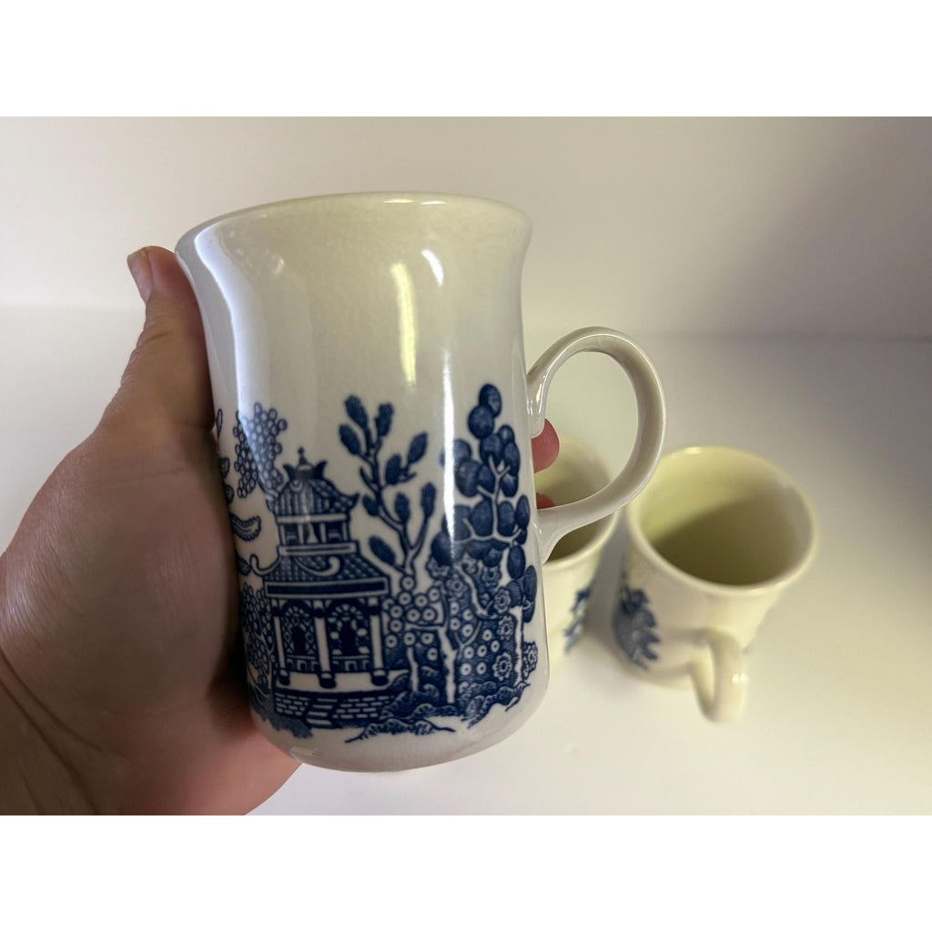 Coffee Mugs Cups  Willow English Ironstone Cups Set 4  Churchill Georgian Shape England C handle Grand Millennial Chinoiserie Breakfast
