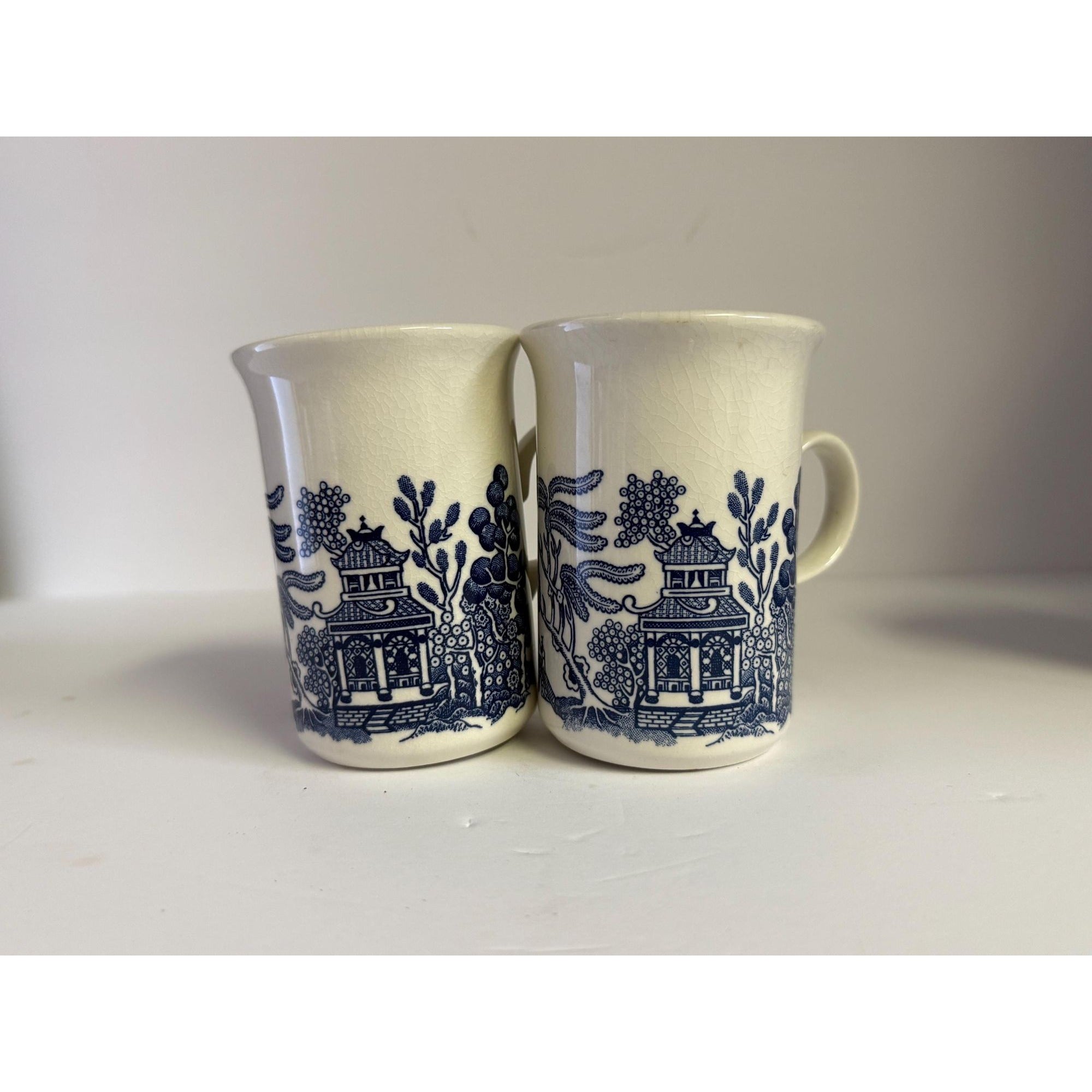 Coffee Mugs Cups  Willow English Ironstone Cups Set 4  Churchill Georgian Shape England C handle Grand Millennial Chinoiserie Breakfast