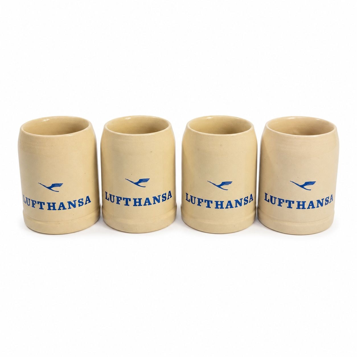 Stoneware Tankard Beer Stein Coffee Mug Lufthansa Air Airline German Set 4 Vintage Handled Pottery Collectible Travel 3/10 Litre Barware