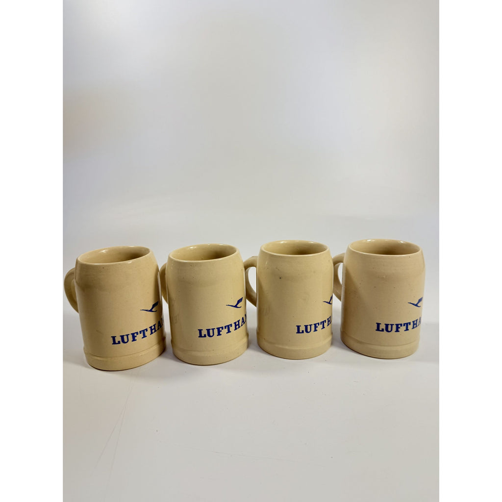 Stoneware Tankard Beer Stein Coffee Mug Lufthansa Air Airline German Set 4 Vintage Handled Pottery Collectible Travel 3/10 Litre Barware