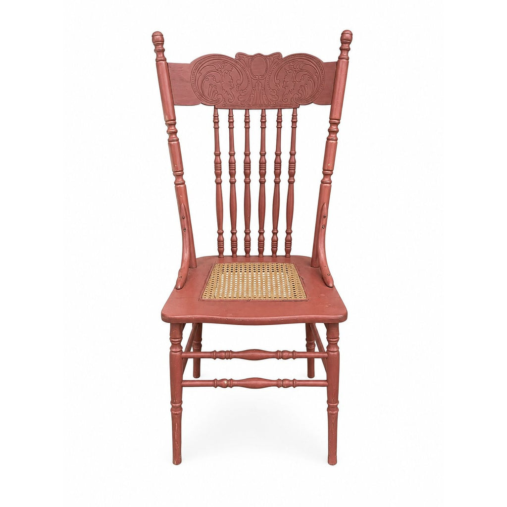 Wood Accent Dining Chair Pressed Back Cane Bottom Embossed Red Painted cane back chair with faces Carrved on Back Antique Furniture