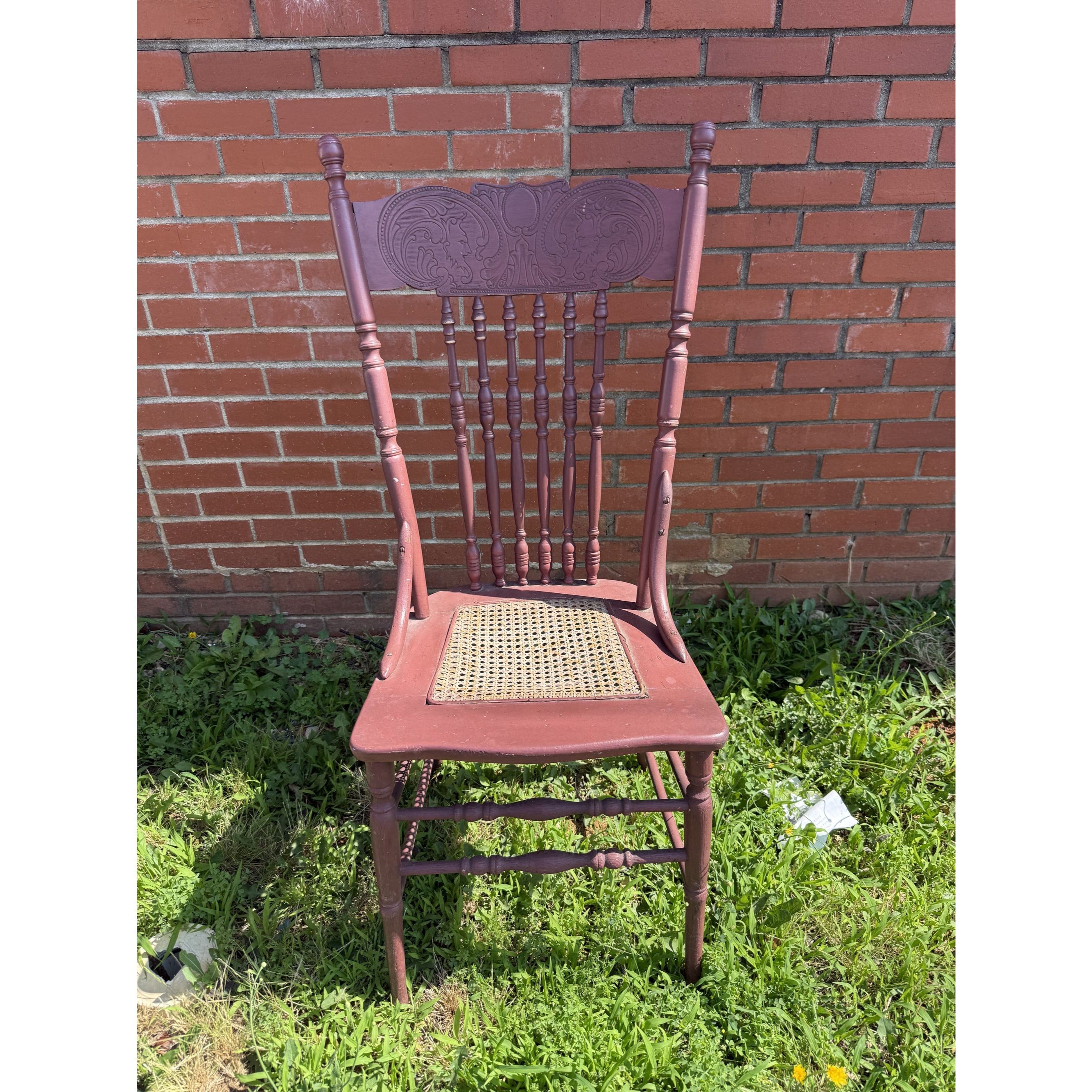 Wood Accent Dining Chair Pressed Back Cane Bottom Embossed Red Painted cane back chair with faces Carrved on Back Antique Furniture