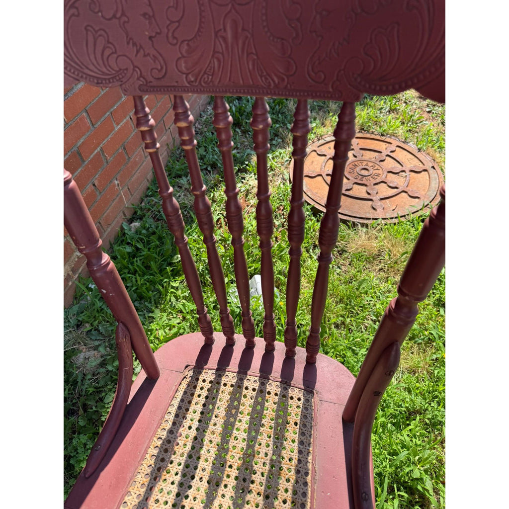 Wood Accent Dining Chair Pressed Back Cane Bottom Embossed Red Painted cane back chair with faces Carrved on Back Antique Furniture