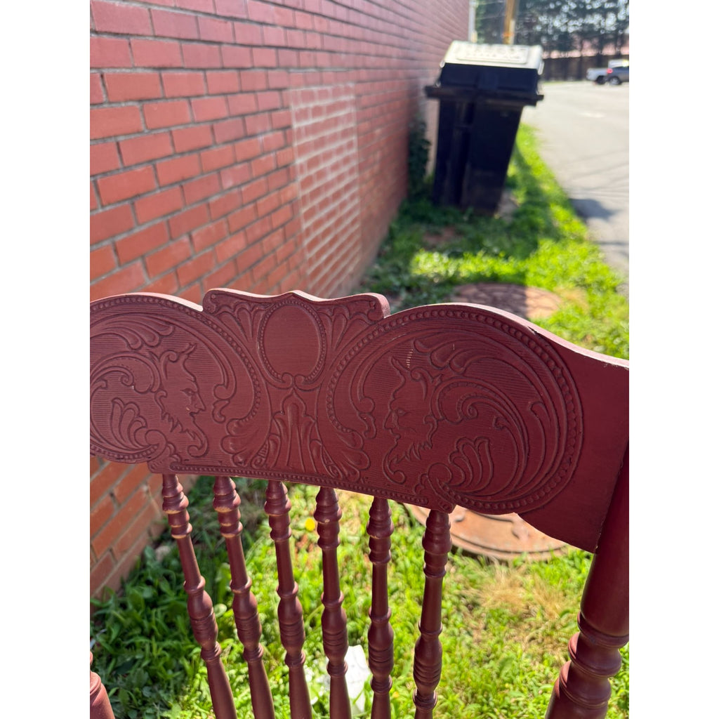 Wood Accent Dining Chair Pressed Back Cane Bottom Embossed Red Painted cane back chair with faces Carrved on Back Antique Furniture